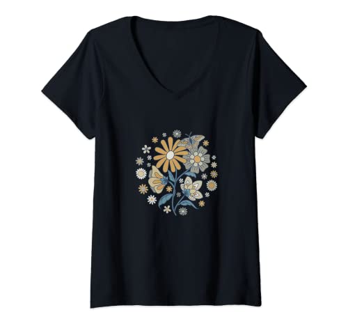 Damen Hippie Blume Schmetterling Blumenmuster T-Shirt mit V-Ausschnitt Damen Hippie Blume Schmetterling Blumenmuster T-Shirt mit V-Ausschnitt von Hippie Flower Butterfly Floral Design