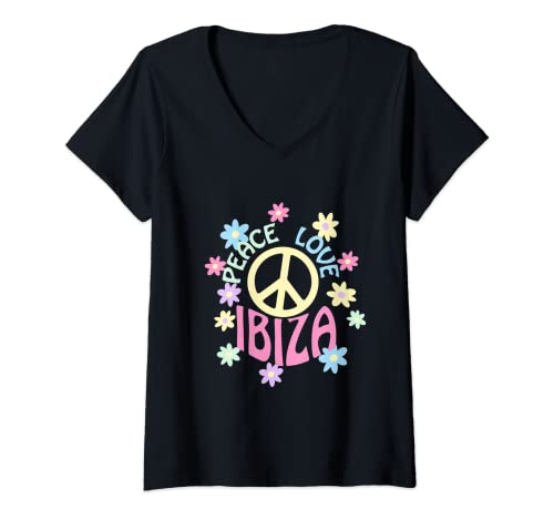 Damen Peace Love Ibiza Pastell Sommer T-Shirt mit V-Ausschnitt Damen Peace Love Ibiza Pastell Sommer T-Shirt mit V-Ausschnitt von Hippie Flower Power Ibiza