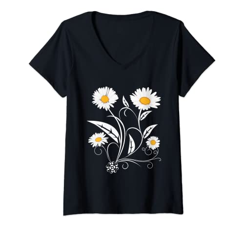 Damen Gänseblümchen Liebe Flower Power Gänseblume Gärtnerinnen T-Shirt mit V-Ausschnitt von Hippie Geschenk Frieden Gänseblümchen Flower Power