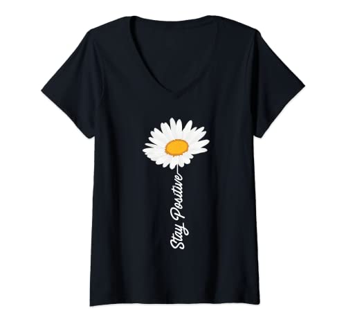 Damen Gänseblümchen Stay Positive Flower Power Gänseblumen T-Shirt mit V-Ausschnitt von Hippie Geschenk Frieden Gänseblümchen Flower Power