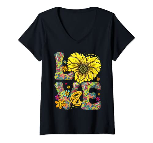 Damen Flower Power LOVE Retro Hippie 60er 70er Frieden Peace T-Shirt mit V-Ausschnitt von Hippie Geschenk Frieden Spiritualität Flower Power