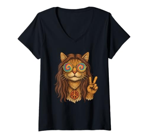 Damen 70er Jahre Hippie Katze - Hippie Kätzchen T-Shirt mit V-Ausschnitt Damen 70er Jahre Hippie Katze - Hippie Kätzchen T-Shirt mit V-Ausschnitt von Hippie Geschenke & Co.
