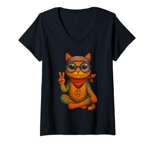 Damen 60er 70er Jahre Kostüm Hippie T-Shirt mit V-Ausschnitt Damen 60er 70er Jahre Kostüm Hippie T-Shirt mit V-Ausschnitt von Hippie Geschenke & Hippie Accessoires