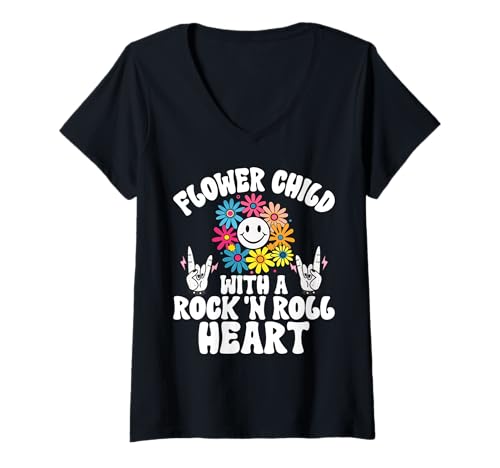 Damen Blumenkind mit einem Rock and Roll Herz Hippie T-Shirt mit V-Ausschnitt Damen Blumenkind mit einem Rock and Roll Herz Hippie T-Shirt mit V-Ausschnitt von Hippie Gifts