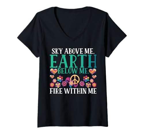 Damen Himmel über Mir unter Mir Feuer in Mir Hippie T-Shirt mit V-Ausschnitt Damen Himmel über Mir unter Mir Feuer in Mir Hippie T-Shirt mit V-Ausschnitt von Hippie Gifts
