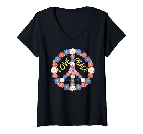Damen Piece Zeichen Blumen - Hippie Verkleidung Hippie Faschings T-Shirt mit V-Ausschnitt Damen Piece Zeichen Blumen - Hippie Verkleidung Hippie Faschings T-Shirt mit V-Ausschnitt von Hippie Kostüm Peace Love
