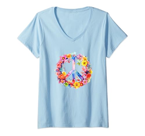 Damen Hippie Peace Flower Power Outfit weiß Karneval Kostüm T-Shirt mit V-Ausschnitt Damen Hippie Peace Flower Power Outfit weiß Karneval Kostüm T-Shirt mit V-Ausschnitt von Hippie Peace Flower Power Outfit Karneval Kostüm