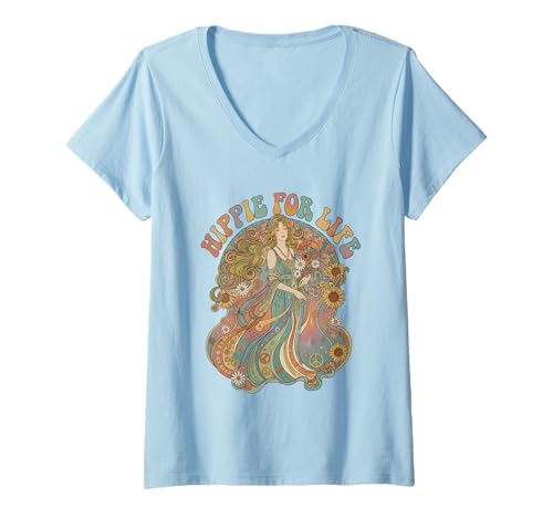 Damen Hippie fürs Leben Hippie Pride Vintage Art Hippie Mädchen Retro T-Shirt mit V-Ausschnitt Damen Hippie fürs Leben Hippie Pride Vintage Art Hippie Mädchen Retro T-Shirt mit V-Ausschnitt von Hippie Pride Tees 1960s Vintage Art