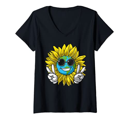 Damen Hippie Sonnenblume Planet Erde Friedenszeichen Natur T-Shirt mit V-Ausschnitt Damen Hippie Sonnenblume Planet Erde Friedenszeichen Natur T-Shirt mit V-Ausschnitt von Hippie Psychedelic Fantasy Clothing