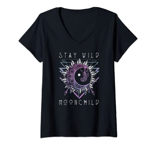 Damen Sonne und Mond Design für Frauen Stay Wild Moon Child T-Shirt mit V-Ausschnitt von Hippie Soulz