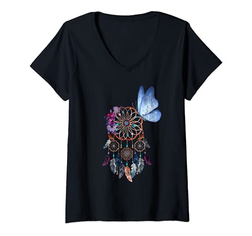 Damen Esoteriker Indianer Geschenk Schmetterling Traumfänger T-Shirt mit V-Ausschnitt Damen Esoteriker Indianer Geschenk Schmetterling Traumfänger T-Shirt mit V-Ausschnitt von Hippie Traumfänger Shirts