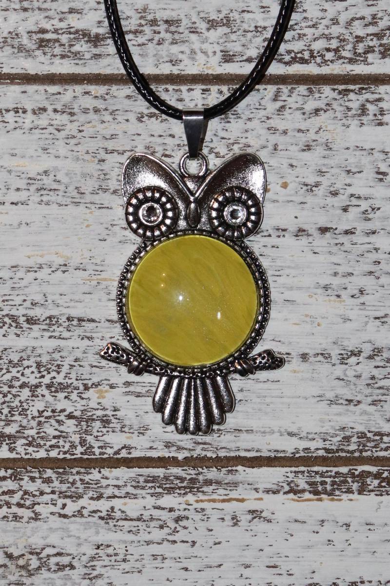 Gelbe Eule Flüssigkeit Kunst Cabochon Anhänger Halskette Gelbe Eule Flüssigkeit Kunst Cabochon Anhänger Halskette von HippieOwlFreak