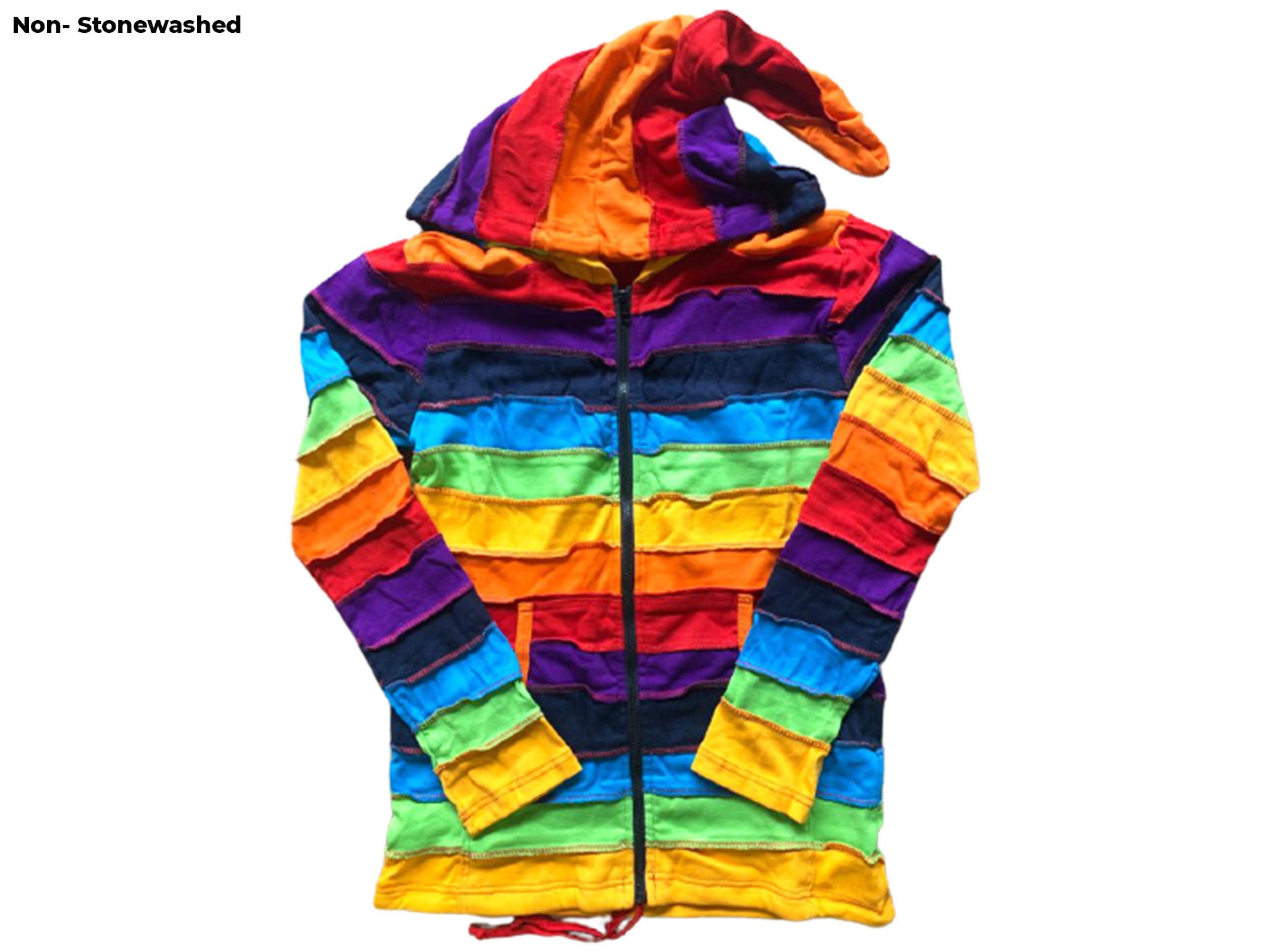 Regenbogen Streifen Baumwoll Sommerjacke Herren Pixie Kapuze Patchwork Hippie Mantel von Hippiewearltd