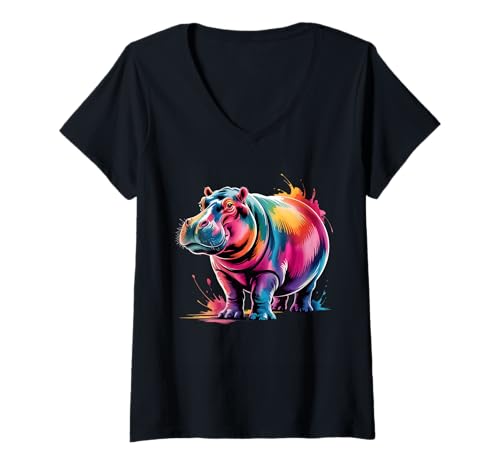 Damen Hippo Poster Stil Bunte Farbspritzer Kunst Grafik T-Shirt mit V-Ausschnitt Damen Hippo Poster Stil Bunte Farbspritzer Kunst Grafik T-Shirt mit V-Ausschnitt von Hippo Lover Apparel & Arts