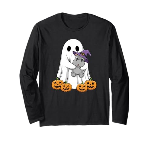 Lustiges Geister-Nilpferd, Kürbis, Halloween, Kinder, Herren und Langarmshirt von Hippo Lovers Cute Halloween Outfits for Boy Girl