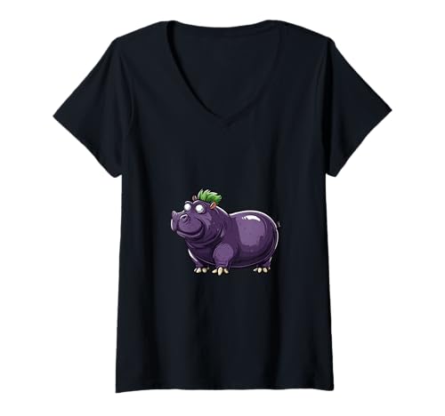 Damen Lustiges Tier- und Gemüsemotiv Hip Aubergine T-Shirt mit V-Ausschnitt Damen Lustiges Tier- und Gemüsemotiv Hip Aubergine T-Shirt mit V-Ausschnitt von Hippopolitan Daubergine Aubergine Animal Motif