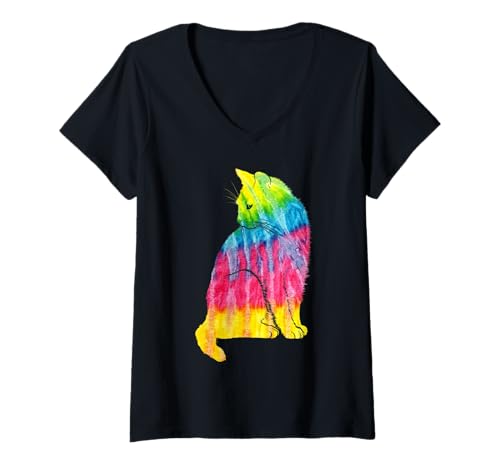 Damen Batik-Katzenliebhaber, Bunte Katze, abstrakte Kunst T-Shirt mit V-Ausschnitt Damen Batik-Katzenliebhaber, Bunte Katze, abstrakte Kunst T-Shirt mit V-Ausschnitt von Hippy Cat Owners