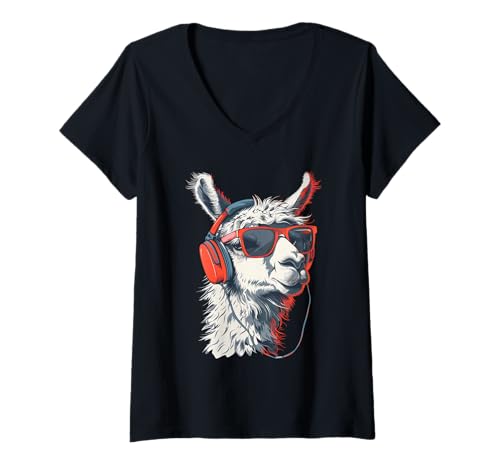 Damen Cooles Lama mit Kopfhörer und Sonnenbrille T-Shirt mit V-Ausschnitt von Hipster Lama Grafik für Musikliebhaber