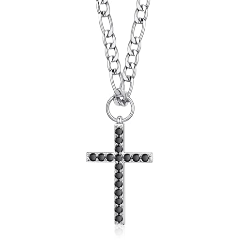 Hipwope Kreuz Kette Herren Silberne Fei-Balun-Kette Aus Edelstahl Kreuzkette Silber Herren Schwarze Diamant-Kreuz-Halskette(18 inch) von Hipwope