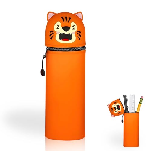 Hiqiku Kawaii Federmäppchen Tiger, 2-in-1 Weiche Silikontasche, Mäppchen Federmäppchen, Stand Up Federmäppchen, Tier Stifthalter, Stifthalter Bleistifttasche Mädchen Junge (Orange Tiger) von Hiqiku