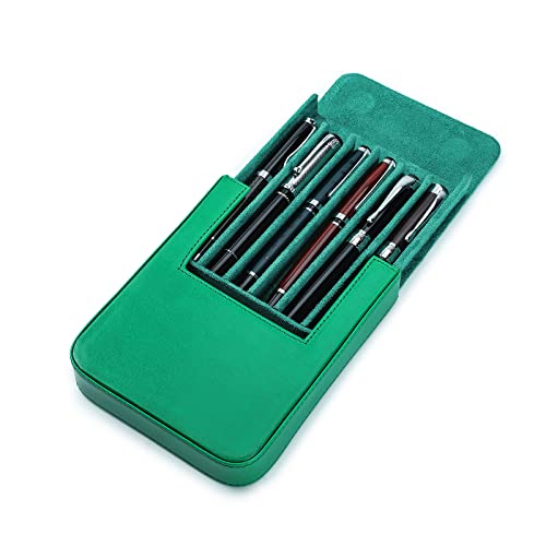 Hiram Leder-Füllfederhalter-Etui für 6 Stifte, Tragbare Leder-Stift-Aufbewahrungsbox mit Verstecktem Magnetischem Schnappverschluss-Design (Grün) von Hiram