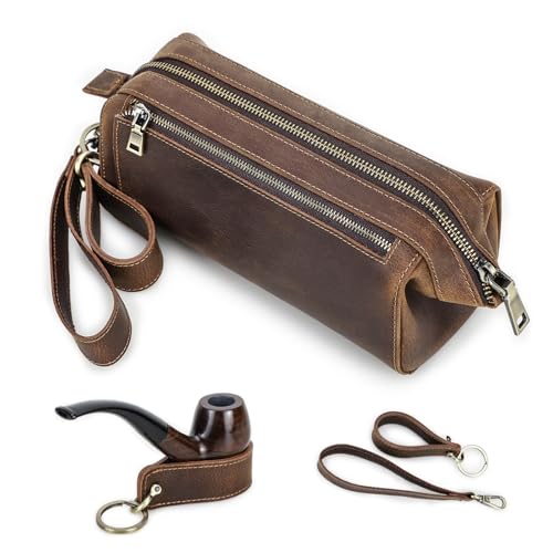 Hiram Pfeifentabakkoffer Leder Reise Pfeife Aufbewahrungsbox für 2 Pfeifen, Multifunktionale Raucherzubehör Aufbewahrungstasche mit Lederpfeifenhalter von Hiram