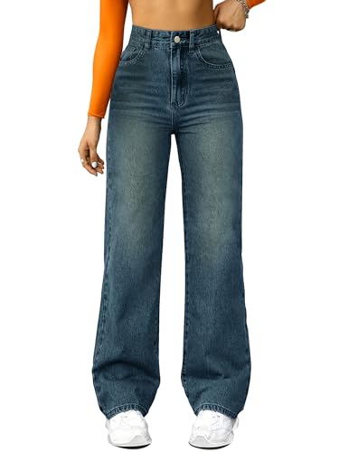 Hirbair Damen Jeans, hohe Taille, gerades Bein, lose mikroelastische Boyfriend-Hose, Jeans, Nostalgische Farbe, 46 von Hirbair