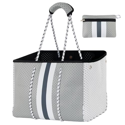 Hirooms Neoprentasche, groß, Mehrzweck-Strandtasche, Neopren-Tragetasche, stilvolle Umhängetasche für Fitnessstudio, Damen, Schultertasche mit kleiner Geldbörse, Grau, Streifen, Large Hirooms Neoprentasche, groß, Mehrzweck-Strandtasche, Neopren-Tragetasche, stilvolle Umhängetasche für Fitnessstudio, Damen, Schultertasche mit kleiner Geldbörse, Grau, Streifen, Large von Hirooms