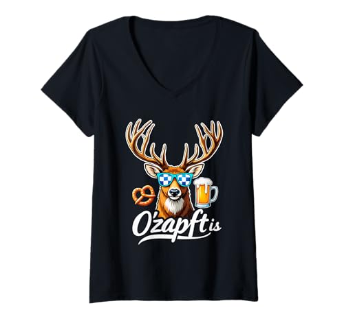 Damen O'zapft is Hirsch Oktoberfest T-Shirt mit V-Ausschnitt Damen O'zapft is Hirsch Oktoberfest T-Shirt mit V-Ausschnitt von Hirsch Grafik mit Sonnenbrille für Oktoberfest