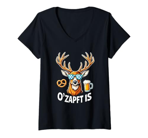 Damen O'zapft is Hirsch Oktoberfest T-Shirt mit V-Ausschnitt Damen O'zapft is Hirsch Oktoberfest T-Shirt mit V-Ausschnitt von Hirsch Grafik mit Sonnenbrille für Oktoberfest