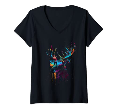 Damen Hirsch Sonnenbrille Jagd Jäger Naturfan Wald Wandern T-Shirt mit V-Ausschnitt von Hirsch Naturfan Wanderer Geschenke & Bekleidung