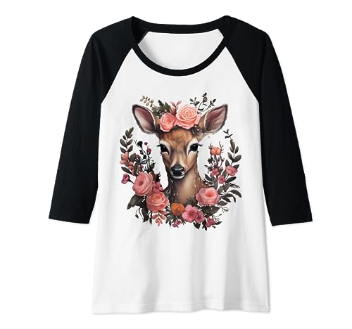 Hirsch T-Shirt Damen Trachtenshirt Dirndl Shirt Trachten Raglan Hirsch T-Shirt Damen Trachtenshirt Dirndl Shirt Trachten Raglan von Hirsch mit rosa Blumen Trachtenshirt Damen