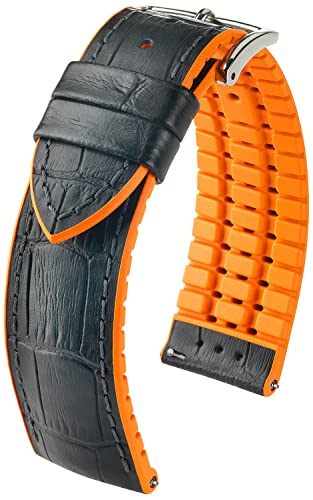 HIRSCH Uhren-Armband Andy L - Uhr-Band aus italienischem Kalbs-Leder mit Alligator-Prägung - Schwarz/Orange - 20 mm von HIRSCH