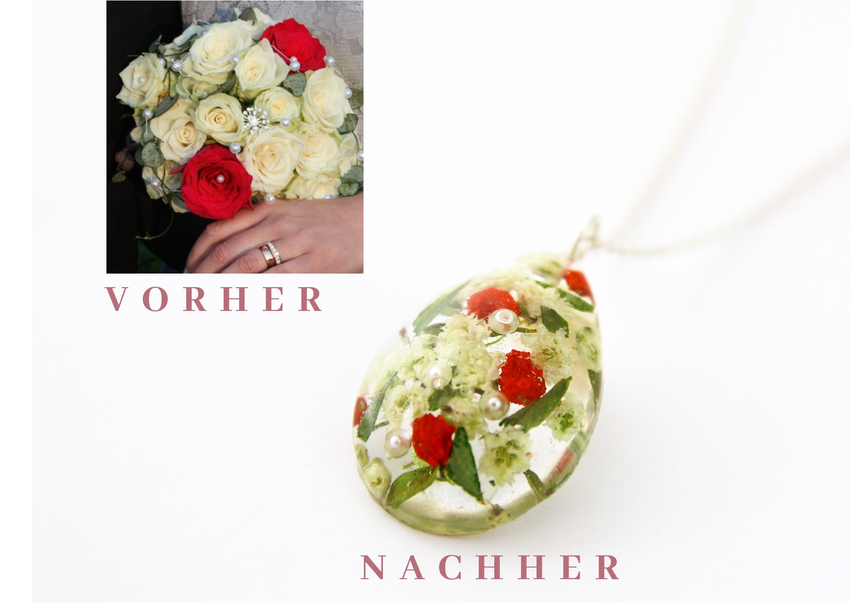 Brautstrauß Schmuck, Erinnerung Anhänger Aus Blumen, Hochteitschmuck, Kette Brautstrauß, Erinnerungskette von HirschDesign