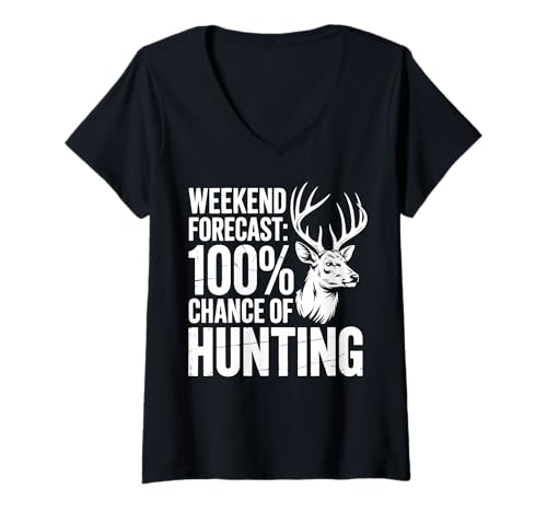 Damen Weekend Forecast 100% Chance of Hunting T-Shirt mit V-Ausschnitt von Hirschjagd Lustig Jäger Wasservögel