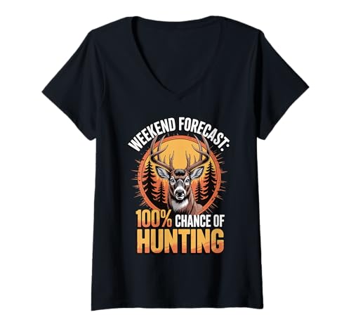Damen Weekend Forecast 100% Chance of Hunting T-Shirt mit V-Ausschnitt Damen Weekend Forecast 100% Chance of Hunting T-Shirt mit V-Ausschnitt von Hirschjagd Lustig Jäger Wasservögel