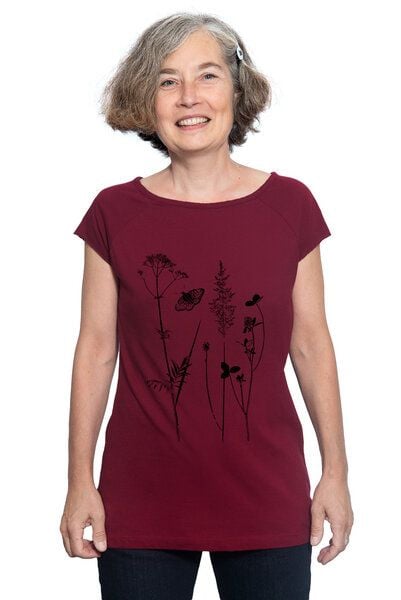 Hirschkind Bio-& Fair-Trade-Frauenshirt "Schmetterlingswiese" weinrot von Hirschkind