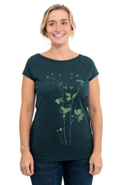 Hirschkind Fair-Trade-Frauenshirt mit Raglanärmeln "Lovely Unkraut" - Made in Kenia - dunkelgrün von Hirschkind