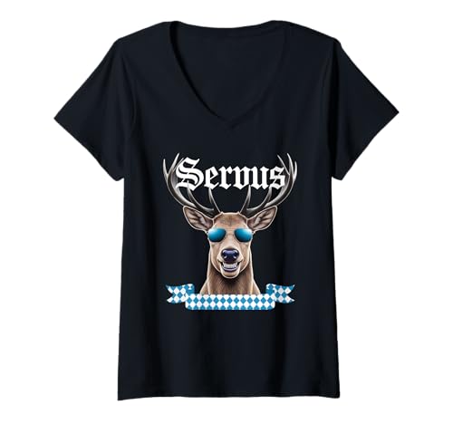 Damen Hirschkopf Servus Bayern Trachten Hirschgeweih Outfit T-Shirt mit V-Ausschnitt Damen Hirschkopf Servus Bayern Trachten Hirschgeweih Outfit T-Shirt mit V-Ausschnitt von Hirschkopf Hirsch Hirschgeweih Bayern Design