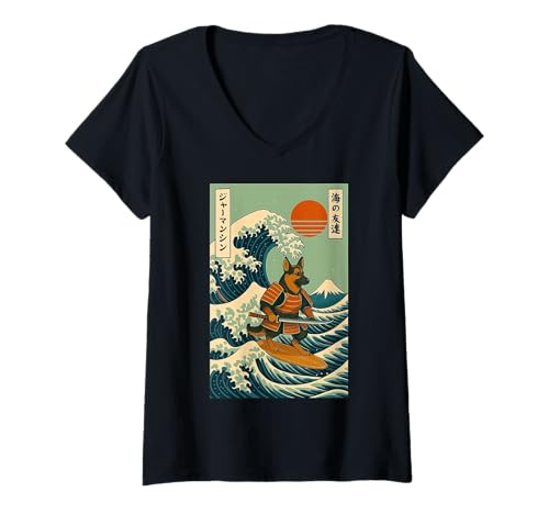 Damen Deutscher Schäferhund Samurai Surfen Japanische Welle T-Shirt mit V-Ausschnitt Damen Deutscher Schäferhund Samurai Surfen Japanische Welle T-Shirt mit V-Ausschnitt von Hirte Surfer Große Welle Katana Anime Kawaii