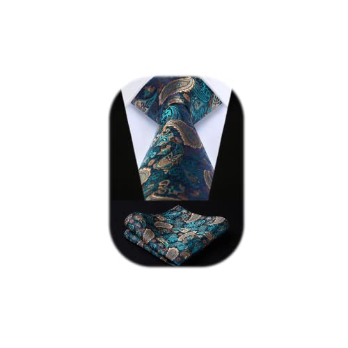 HISDERN Herren Krawatte Türkise Extra Lange Paisley Krawatten und Einstecktuch Set Elegante Klassisch Hochzeit Seidenkrawatte Taschentuch für Männer von HISDERN