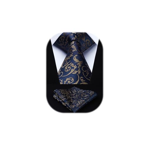 HISDERN Krawatten für Herren Extra Lange Paisley Krawatte und Einstecktuch Set Elegante Klassisch Hochzeit Seidenkrawatte Taschentuch Marine & Gold von HISDERN