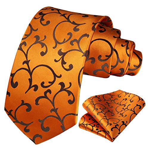 HISDERN Krawatten Herren Orange Extra Lange Paisley Krawatte und Einstecktuch Set Elegante Klassisch Hochzeit Seidenkrawatte Taschentuch für Männer von HISDERN