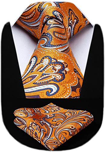 HISDERN Herren Krawatte Einstecktuch Set Extralange Paisley Orange Krawatten und Taschentuch Elegante Hochzeit Seidenkrawatte für Männer von HISDERN