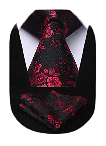 HISDERN Krawatten für Herren Extra Lange Florale Krawatte und Einstecktuch Set Elegante Klassisch Hochzeit Seidenkrawatte Taschentuch Schwarz & Rot von HISDERN