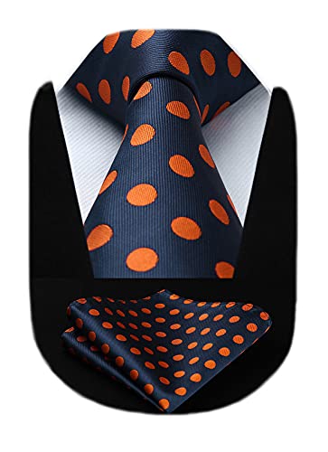 HISDERN Extra Long Ties Polka Dots Tie Handkerchief Men's Necktie & Pocket Square Set for Wedding Business Navy Blue & Orange von HISDERN