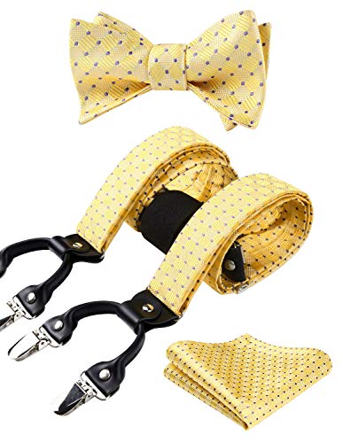 HISDERN Gelb Hosenträger Herren und Fliege Set für Herren Einstecktuch Y Style hosenträger Dot Plaid mit 6 Starken Clips Einstellbar für Anzug von HISDERN