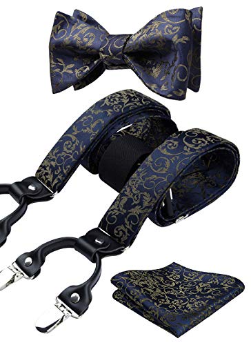 HISDERN Blau Hosenträger für Herren Paisley Y Form mit 6 starken Clips Längenverstellbar Herren Hosenträger und Fliege mit Einsteckuch… von HISDERN