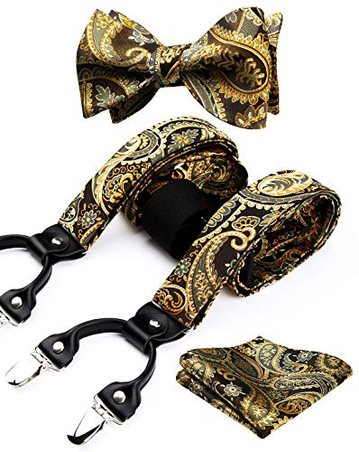 HISDERN Gold Hosenträger für Herren Paisley Y Form mit 6 starken Clips Längenverstellbar Herren Hosenträger und Fliege mit Einsteckuch… von HISDERN