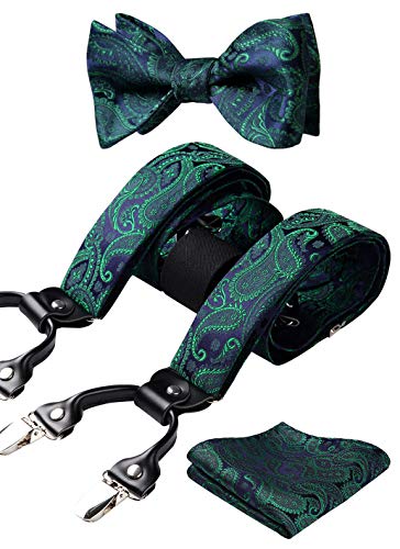 HISDERN Grün Hosenträger für Herren Paisley Y Form mit 6 starken Clips Längenverstellbar Herren Hosenträger und Fliege mit Einsteckuch… von HISDERN